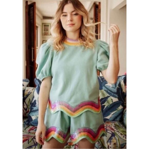 QUEEN OF SPARKLES Tops - Queen of Sparkles Teal Rainbow Sequin Set Women’s Sz. M